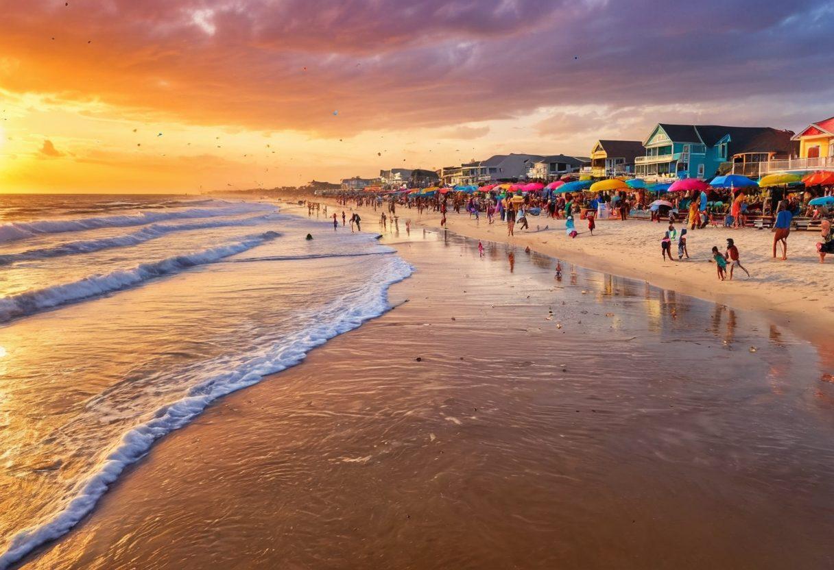 A stunning panoramic view of Galveston, capturing vibrant beach scenes alongside lively festival celebrations. Include colorful beach umbrellas, playful children in the waves, and cheerful festival-goers dancing with music notes in the air. The sunset casts golden hues over the scene, highlighting the beauty of this coastal city. super-realistic. vibrant colors. high detail.