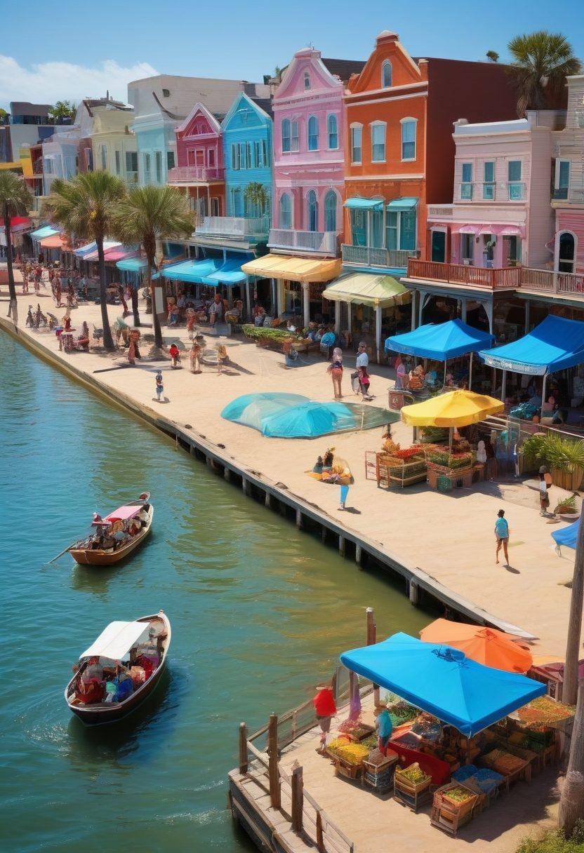 A vibrant collage showcasing Galveston’s local adventures and events: a lively beach scene with sunbathers and children playing, historic buildings with colorful facades, a bustling local market filled with fresh produce and crafts, and a scenic view of the waterfront with boats. Include elements of cultural festivals with music, food stalls, and people dancing. The overall feel should be warm and inviting, capturing the essence of Galveston. super-realistic. vibrant colors. 3D.